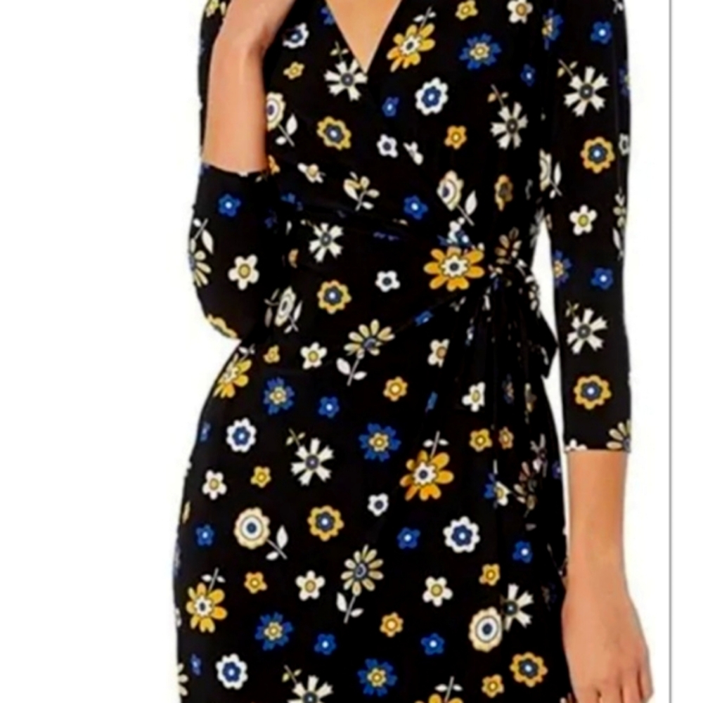 Anne Klein | Black & Cezanne Yellow Floral Libretto Wrap Dress